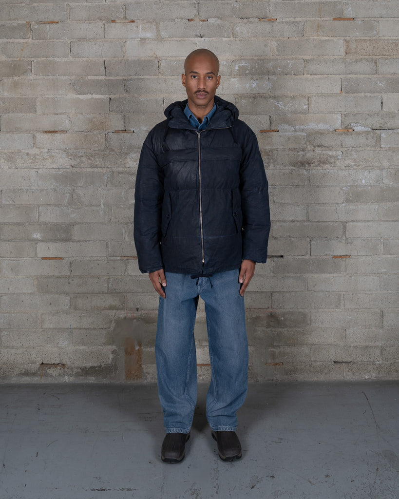 Waxed Hooded Puff Coat - Black Indigo