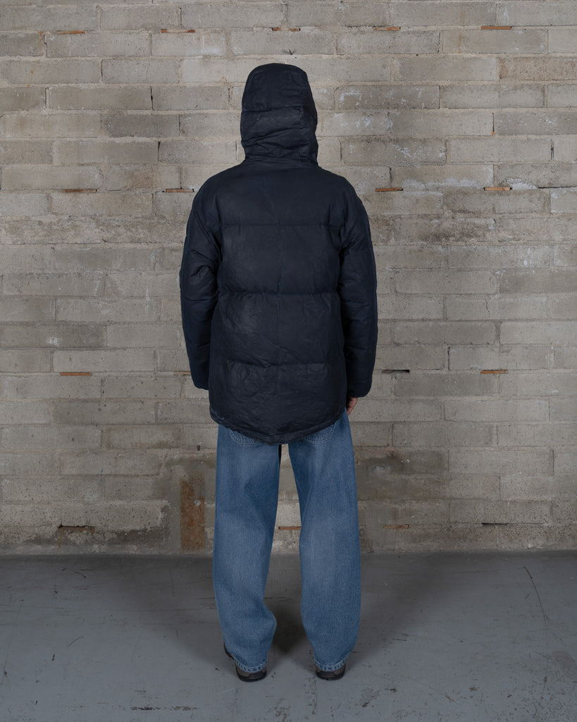 Waxed Hooded Puff Coat - Black Indigo