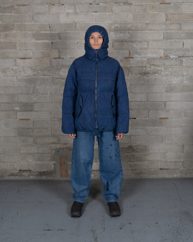 Waxed Hooded Puff Coat - French Indigo