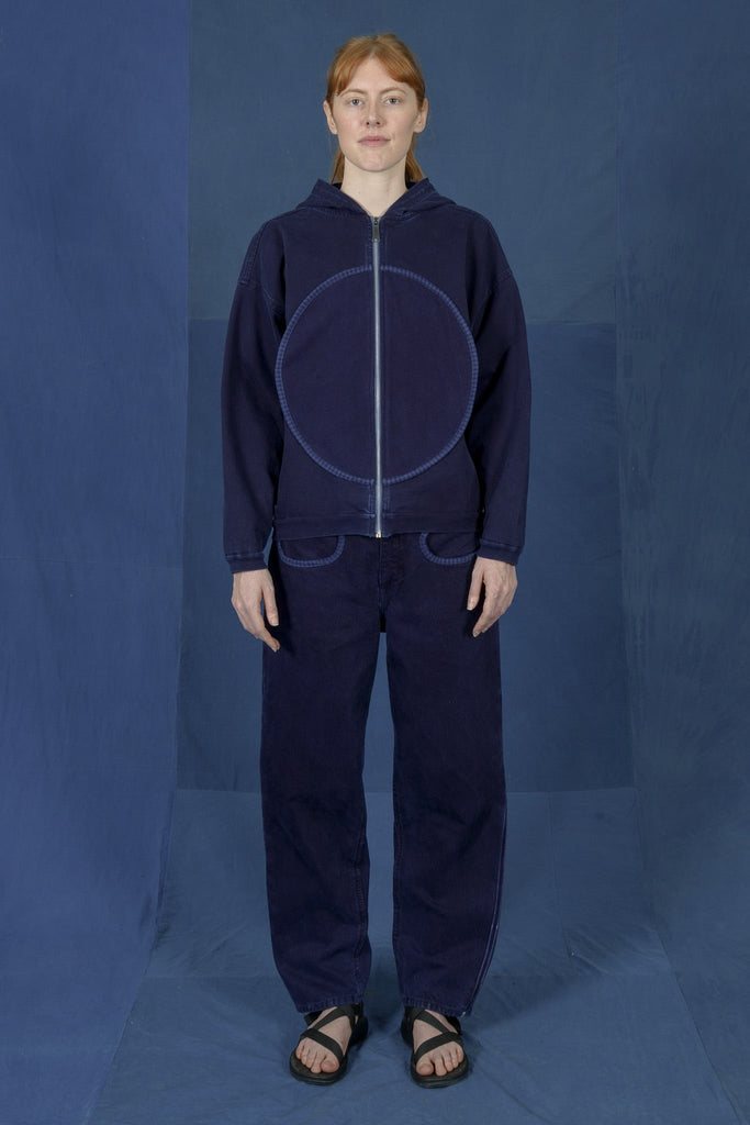 LM x OB Check Circle Zip Up Hoodie 2024 - Indigo - Olderbrother